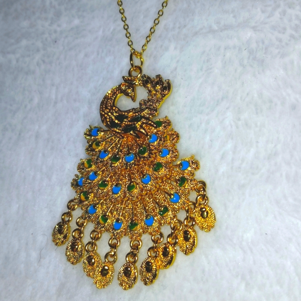Elegant 18k Gold-filled Blue & Green Enamel Peacock Pendant w/ Vermeil Necklace